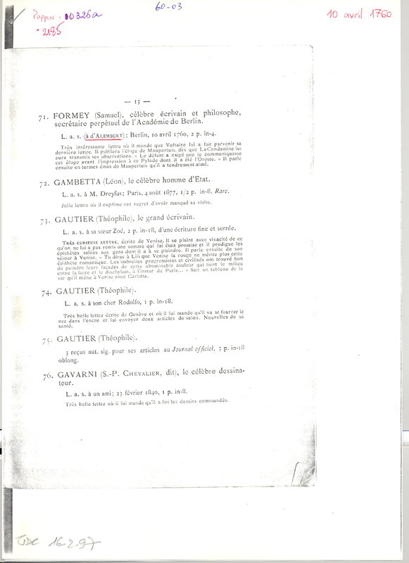 Lettre de Formey à D'Alembert, 10 avril 1760 Lettre de Formey à D'Alembert, 10 avril 1760