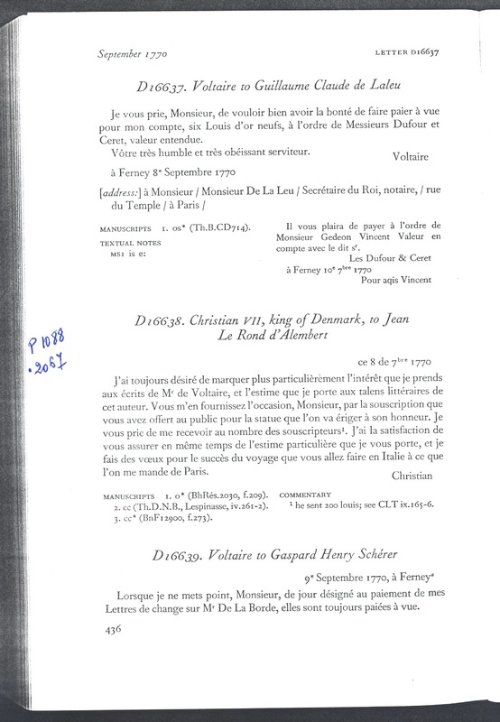 Lettre de Christian VII à D'Alembert, 8 septembre 1770 Lettre de Christian VII à D'Alembert, 8 septembre 1770
