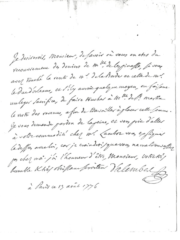 Lettre de D'Alembert à Hebert, 13 août 1776 Lettre de D'Alembert à Hebert, 13 août 1776
