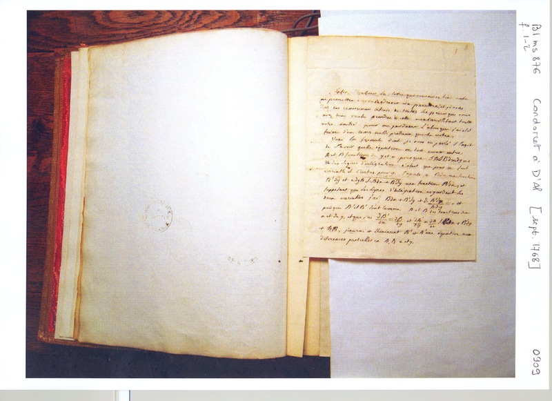 Lettre de Condorcet à D'Alembert, septembre 1768 Lettre de Condorcet à D'Alembert, septembre 1768