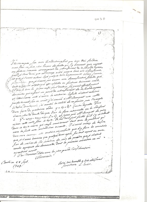 Lettre de Euler Leonhard à D'Alembert, 28 septembre 1748 Lettre de Euler Leonhard à D'Alembert, 28 septembre 1748