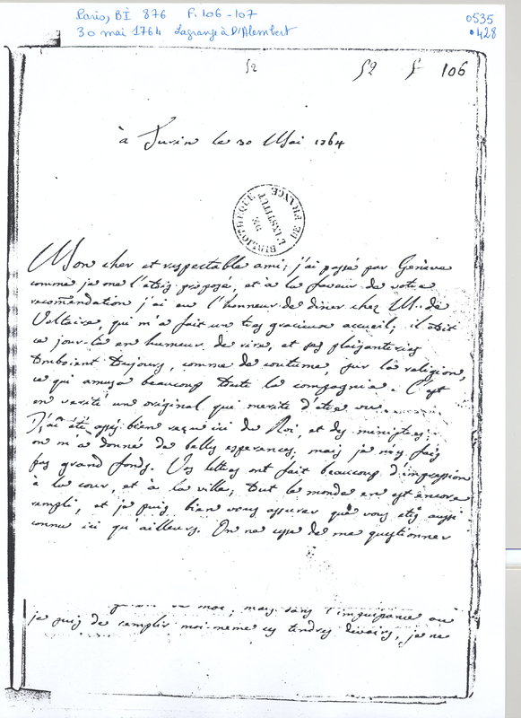 Lettre de Lagrange à D'Alembert, 30 mai 1764