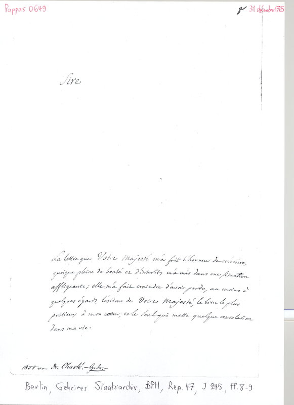 Lettre de D'Alembert à Frédéric II, 31 décembre 1765 Lettre de D'Alembert à Frédéric II, 31 décembre 1765
