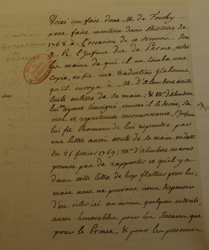 Lettre de Ferdinand, duc de Parme à D'Alembert, 25 février 1769 Lettre de Ferdinand, duc de Parme à D'Alembert, 25 février 1769