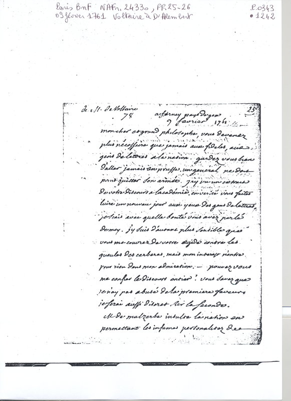 Lettre de Voltaire à D'Alembert, 9 février 1761 Lettre de Voltaire à D'Alembert, 9 février 1761