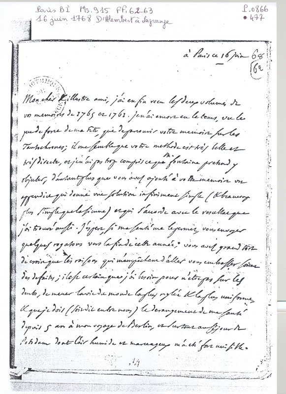 Lettre de D'Alembert à Lagrange, 16 juin 1768