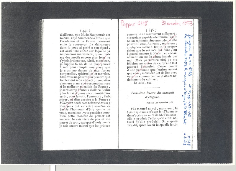 Lettre de Argens à D'Alembert, 20 novembre 1753 Lettre de Argens à D'Alembert, 20 novembre 1753