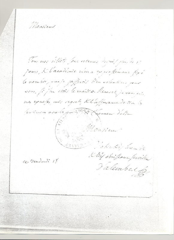 Lettre de D'Alembert à Cubieres, 18 août 1780 Lettre de D'Alembert à Cubieres, 18 août 1780