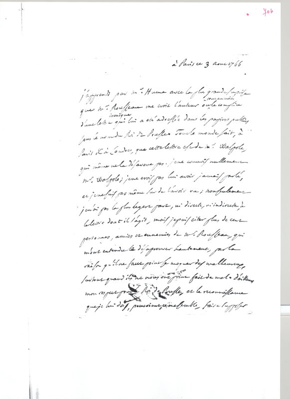 Lettre de D'Alembert à Rousseau Jean Jacques, 3 août 1766 Lettre de D'Alembert à Rousseau Jean Jacques, 3 août 1766