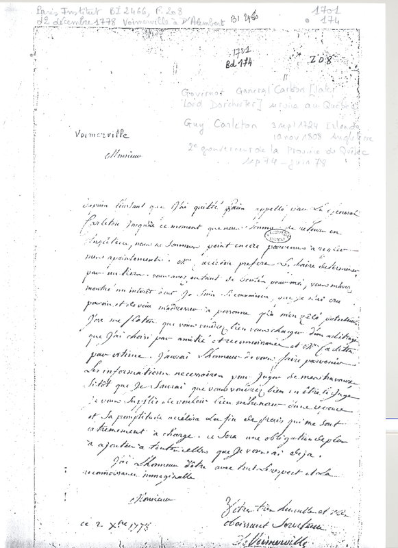 Lettre de Voimerville à D'Alembert, 2 décembre 1778 Lettre de Voimerville à D'Alembert, 2 décembre 1778