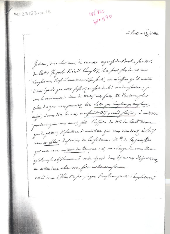 Lettre de D'Alembert à Hume David, 13 juillet 1767 Lettre de D'Alembert à Hume David, 13 juillet 1767