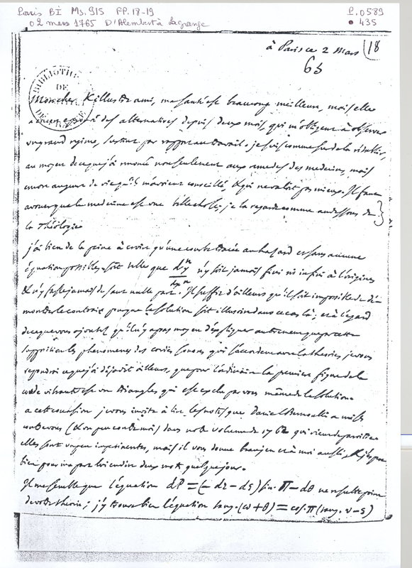 Lettre de D'Alembert à Lagrange, 2 mars 1765 Lettre de D'Alembert à Lagrange, 2 mars 1765