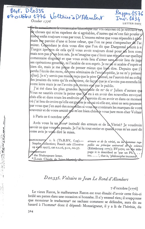 Lettre de Voltaire à D'Alembert, 7 octobre 1776 Lettre de Voltaire à D'Alembert, 7 octobre 1776