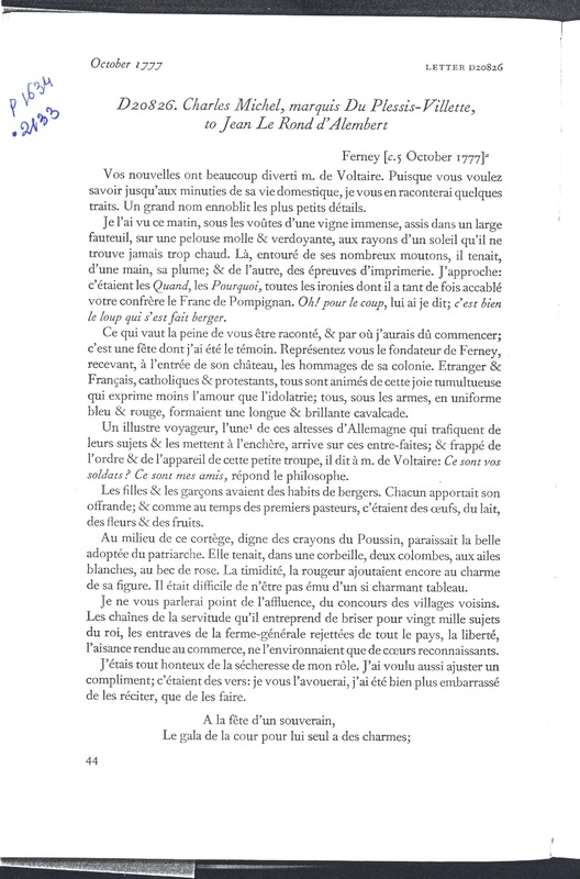 Lettre de Villette Du Plessis à D'Alembert, 5 octobre 1777 Lettre de Villette Du Plessis à D'Alembert, 5 octobre 1777