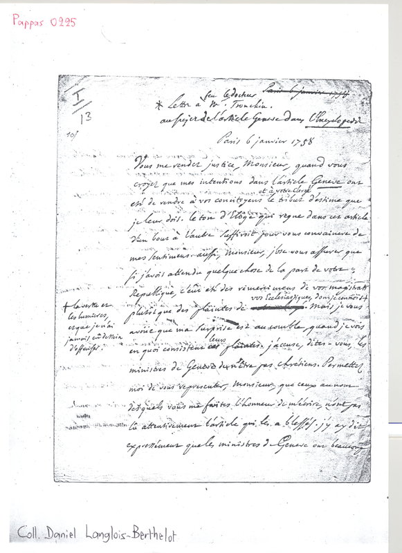 Lettre de D'Alembert à Tronchin, 6 janvier 1758 Lettre de D'Alembert à Tronchin, 6 janvier 1758