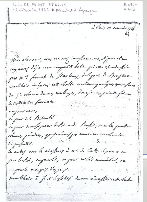 Lettre de D'Alembert à Lagrange, 12 décembre 1766 Lettre de D'Alembert à Lagrange, 12 décembre 1766