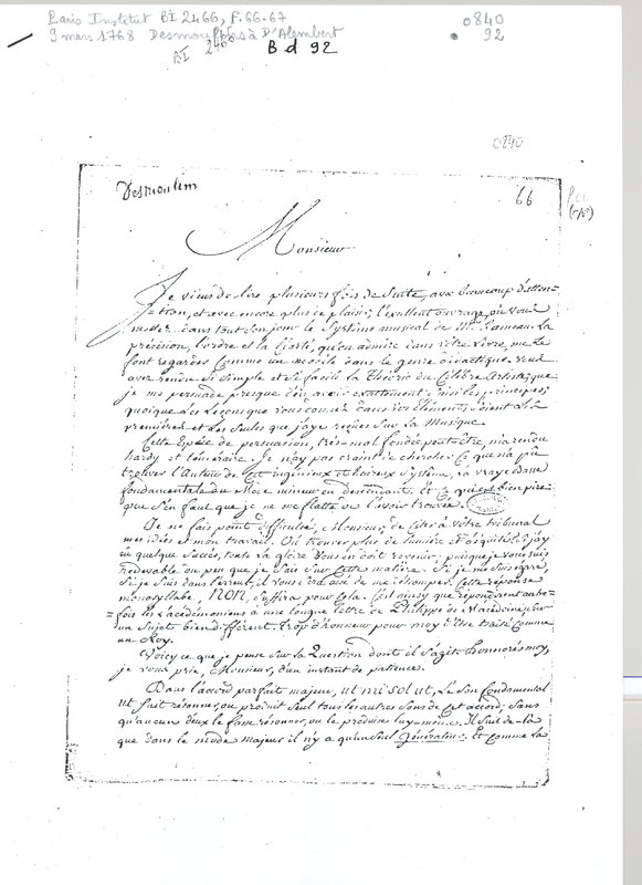 Lettre de Desmoulins à D'Alembert, 9 mars 1768 Lettre de Desmoulins à D'Alembert, 9 mars 1768