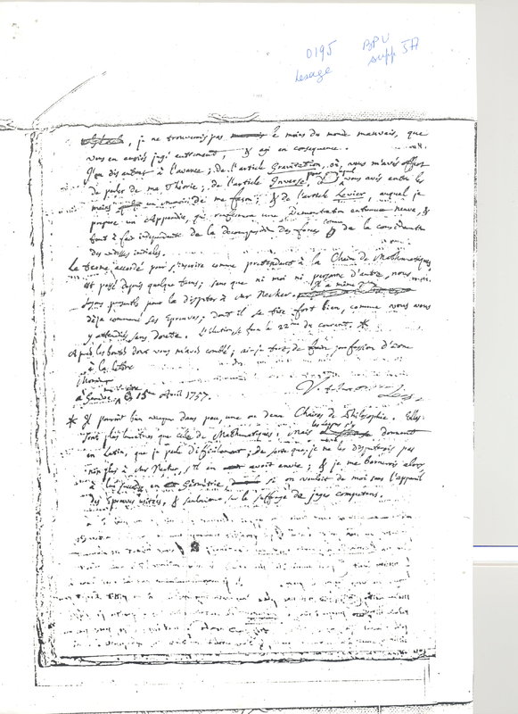 Lettre de Le Sage Georges Louis à D'Alembert, 15 avril 1757 Lettre de Le Sage Georges Louis à D'Alembert, 15 avril 1757