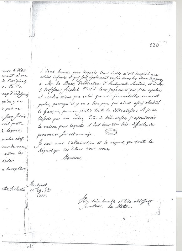 Lettre de La Motte à D'Alembert, 29 septembre 1782 Lettre de La Motte à D'Alembert, 29 septembre 1782
