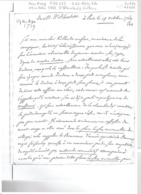 Lettre de D'Alembert à Voltaire, 15 octobre 1769 Lettre de D'Alembert à Voltaire, 15 octobre 1769