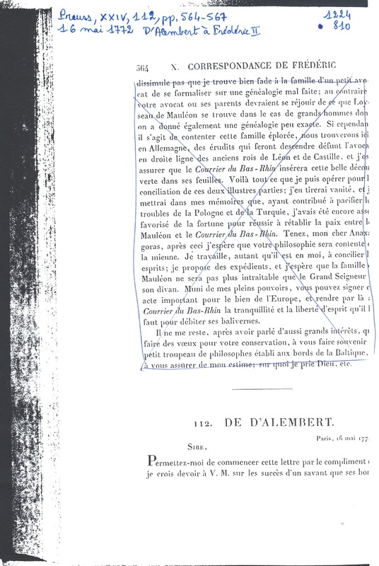 Lettre de D'Alembert à Frédéric II, 16 mai 1772