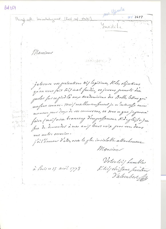 Lettre de D'Alembert à Non identifié, 15 avril 1778 Lettre de D'Alembert à Non identifié, 15 avril 1778