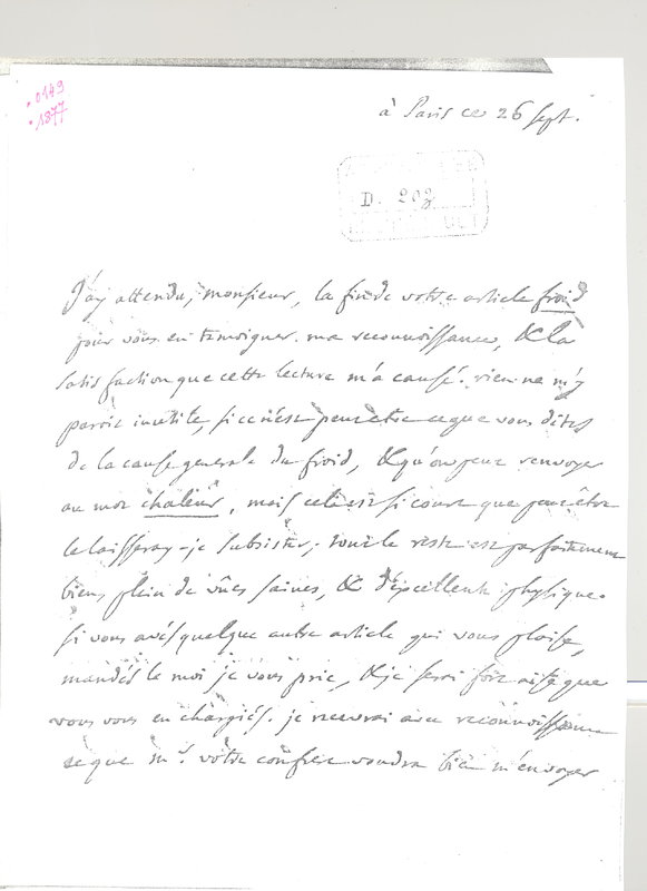 Lettre de D'Alembert à Ratte, 26 septembre 1755 Lettre de D'Alembert à Ratte, 26 septembre 1755