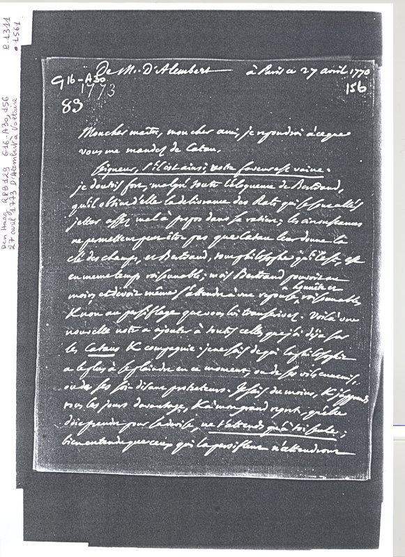 Lettre de D'Alembert à Voltaire, 27 avril 1773 Lettre de D'Alembert à Voltaire, 27 avril 1773
