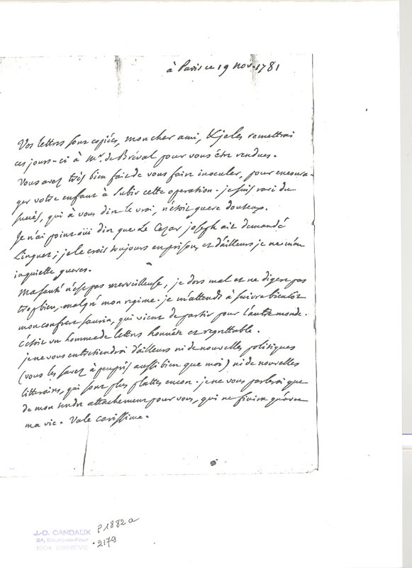 Lettre de D'Alembert à Rochefort d'Ally Jacques, 19 novembre 1781 Lettre de D'Alembert à Rochefort d'Ally Jacques, 19 novembre 1781