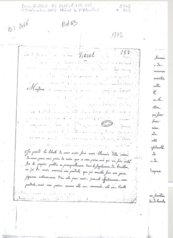 Lettre de Nerot à D'Alembert, 19 décembre 1779 Lettre de Nerot à D'Alembert, 19 décembre 1779