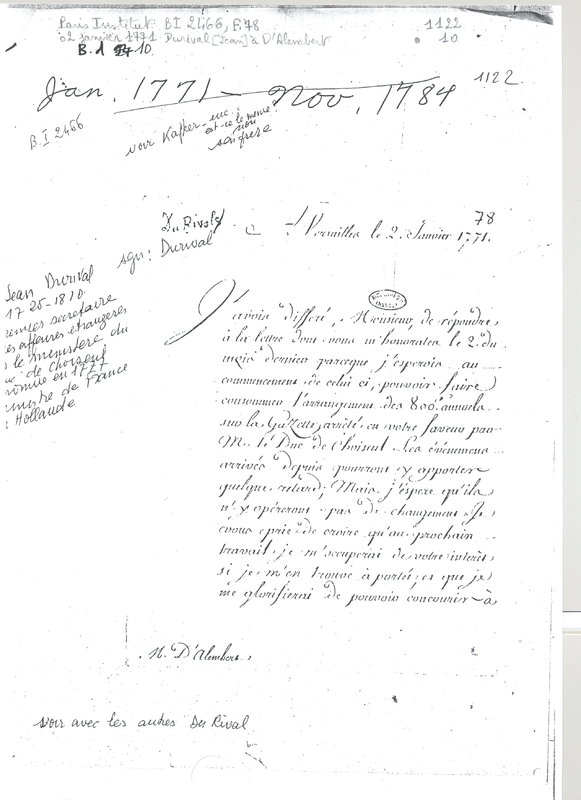 Lettre de Durival Jean à D'Alembert, 2 janvier 1771 Lettre de Durival Jean à D'Alembert, 2 janvier 1771