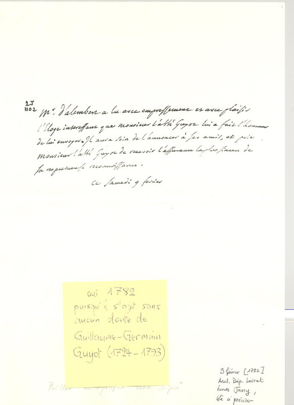 Lettre de D'Alembert à Guyot, 9 février 1782 Lettre de D'Alembert à Guyot, 9 février 1782