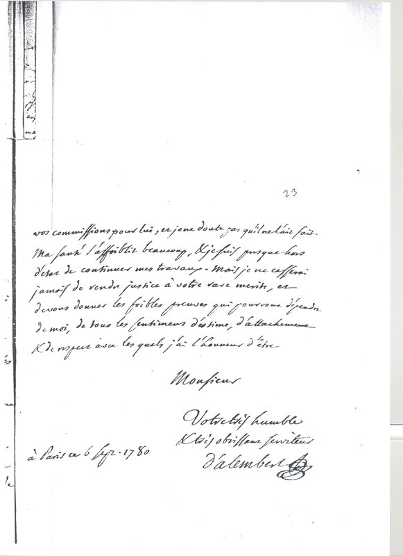 Lettre de D'Alembert à Michaelis, 6 septembre 1780 Lettre de D'Alembert à Michaelis, 6 septembre 1780