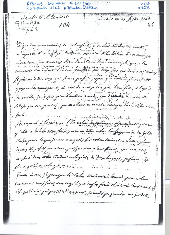 Lettre de D'Alembert à Voltaire, 25 septembre 1762 Lettre de D'Alembert à Voltaire, 25 septembre 1762