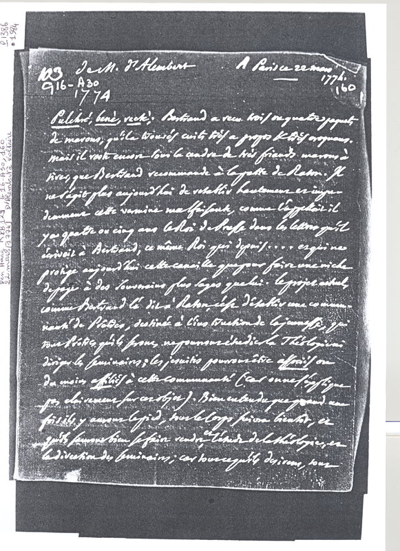 Lettre de D'Alembert à Voltaire, 22 mars 1774 Lettre de D'Alembert à Voltaire, 22 mars 1774