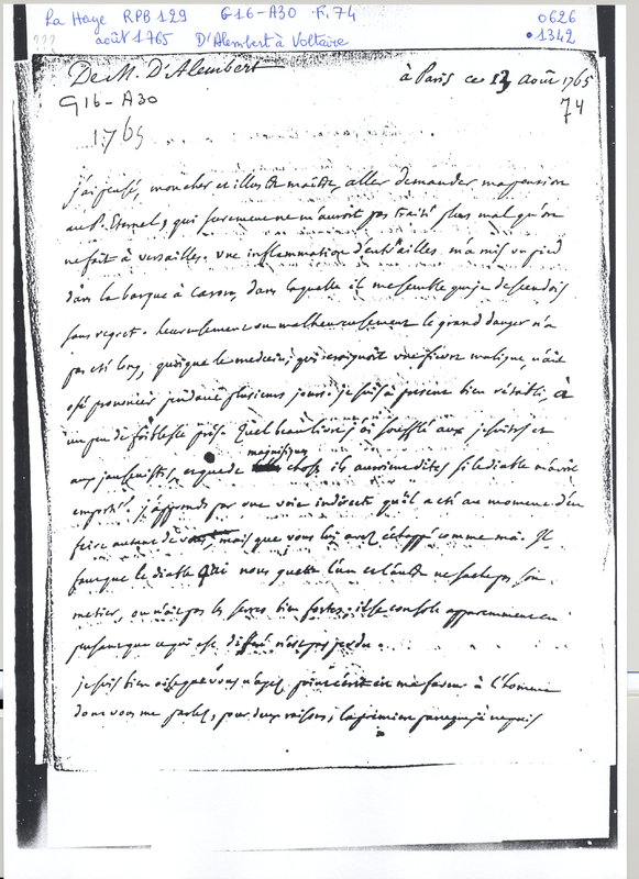 Lettre de D'Alembert à Voltaire, 13 août 1765 Lettre de D'Alembert à Voltaire, 13 août 1765