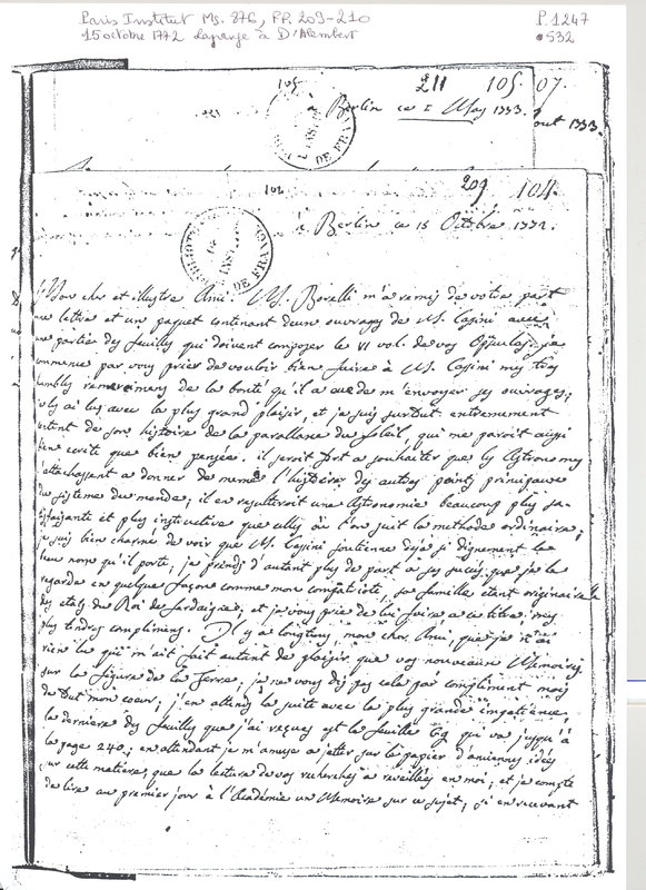 Lettre de Lagrange à D'Alembert, 15 octobre 1772 Lettre de Lagrange à D'Alembert, 15 octobre 1772