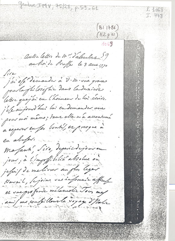 Lettre de D'Alembert à Frédéric II, 28 juillet 1770 Lettre de D'Alembert à Frédéric II, 28 juillet 1770