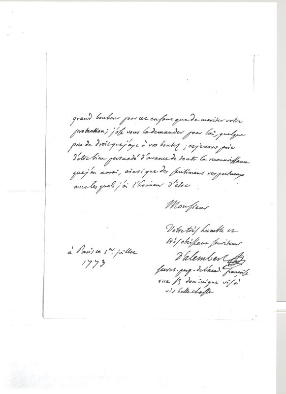 Lettre de D'Alembert à Non identifié, 1er juillet 1773 Lettre de D'Alembert à Non identifié, 1er juillet 1773