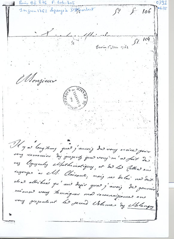 Lettre de Lagrange à D'Alembert, 2 juin 1762 Lettre de Lagrange à D'Alembert, 2 juin 1762