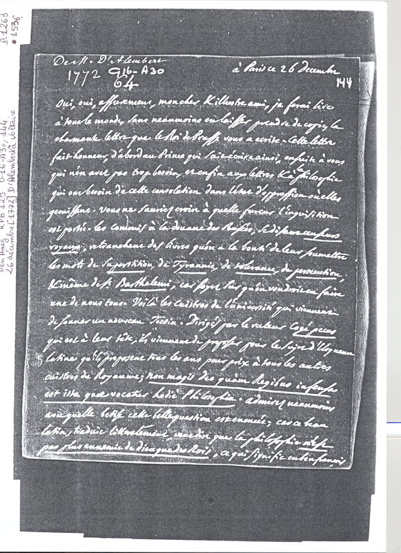 Lettre de D'Alembert à Voltaire, 26 décembre 1772 Lettre de D'Alembert à Voltaire, 26 décembre 1772