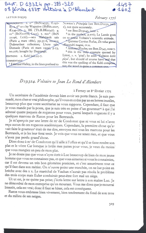 Lettre de Voltaire à D'Alembert, 8 février 1775 Lettre de Voltaire à D'Alembert, 8 février 1775