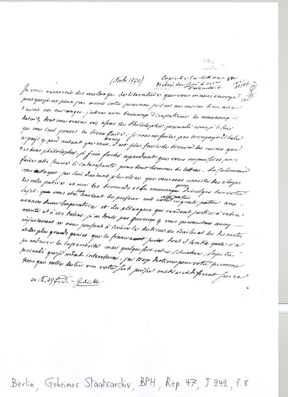Lettre de Frédéric II à D'Alembert, septembre 1764 Lettre de Frédéric II à D'Alembert, septembre 1764