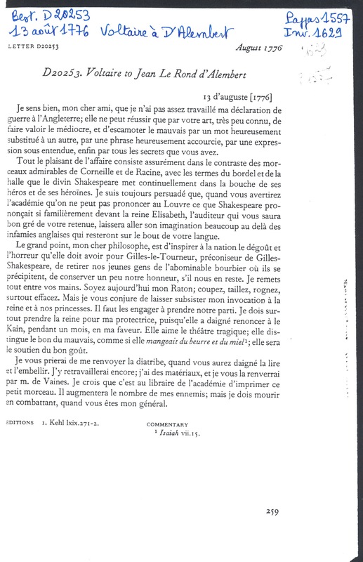 Lettre de Voltaire à D'Alembert, 13 août 1776 Lettre de Voltaire à D'Alembert, 13 août 1776