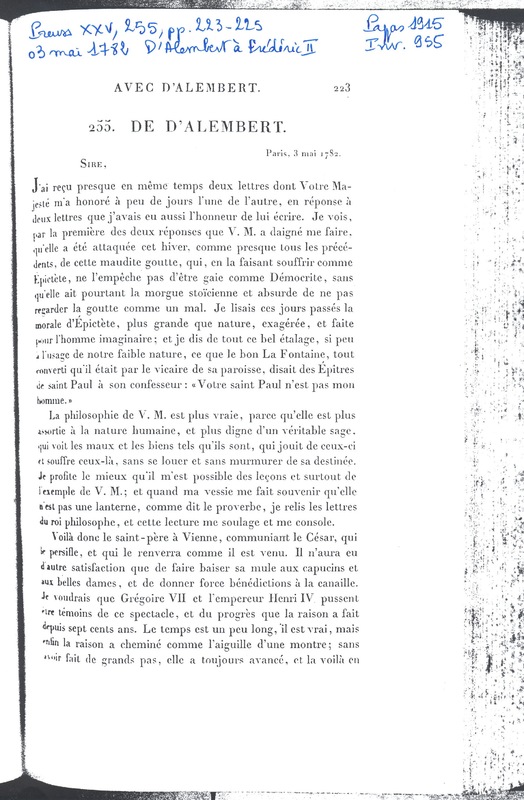 Lettre de D'Alembert à Frédéric II, 3 mai 1782 Lettre de D'Alembert à Frédéric II, 3 mai 1782