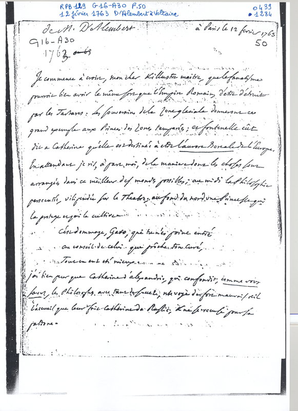 Lettre de D'Alembert à Voltaire, 12 février 1763 Lettre de D'Alembert à Voltaire, 12 février 1763