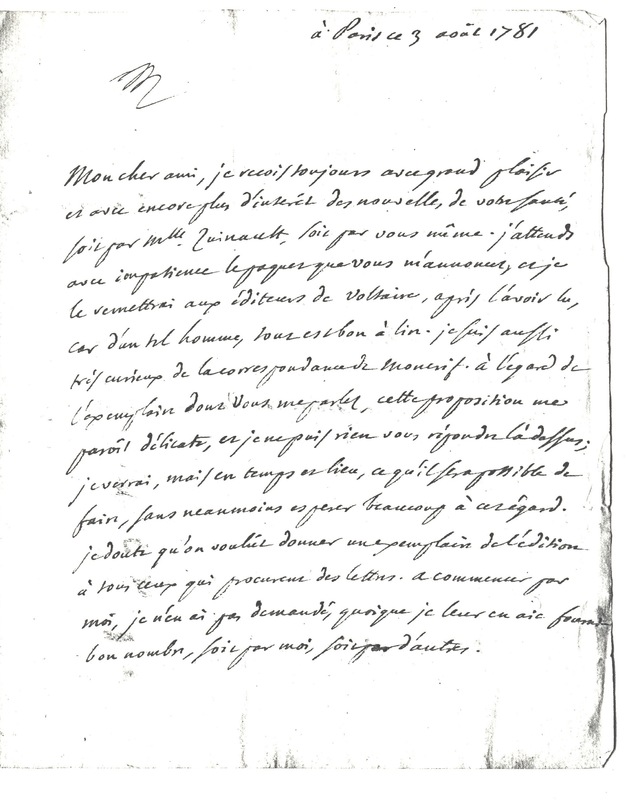 Lettre de D'Alembert à Rochefort d'Ally Jacques, 3 août 1781 Lettre de D'Alembert à Rochefort d'Ally Jacques, 3 août 1781