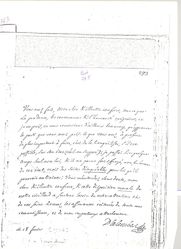 Lettre de D'Alembert à Tronchin, 18 février 1778 Lettre de D'Alembert à Tronchin, 18 février 1778
