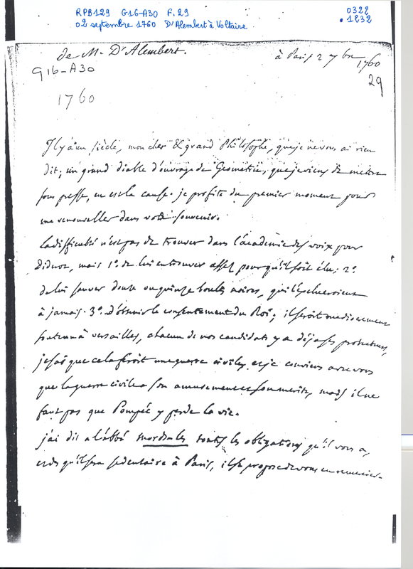 Lettre de D'Alembert à Voltaire, 2 septembre 1760 Lettre de D'Alembert à Voltaire, 2 septembre 1760