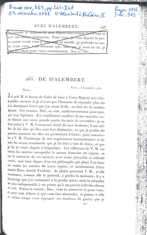 Lettre de D'Alembert à Frédéric II, 13 décembre 1782 Lettre de D'Alembert à Frédéric II, 13 décembre 1782